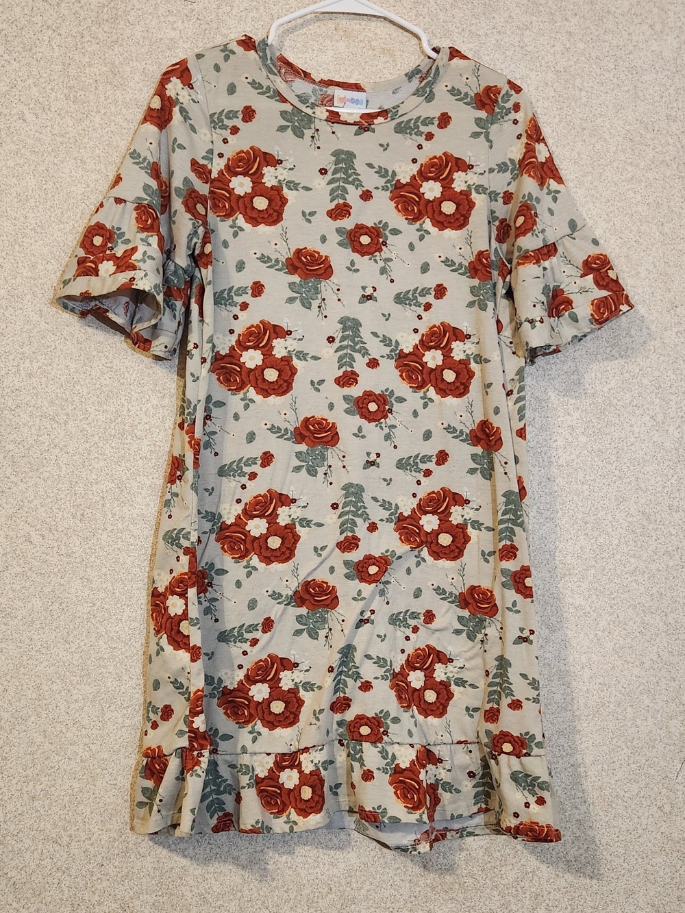 LuLaRoe Sage Floral Ruffle Hem Dress with Rust Roses